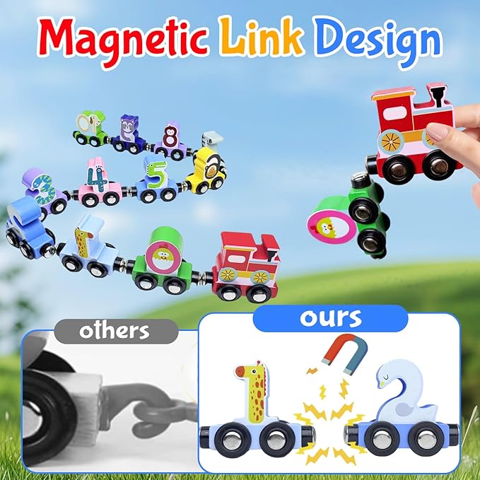 Toddlers Toy for 1 2 3 Years Old Boys Girls, 12 Magnetic Wooden Animal Digital Train Set with Storage Bag，Montessori Toys for 2-3 Years Old Toddlers, Christmas Birthday Easter Gift for Baby Toddlers