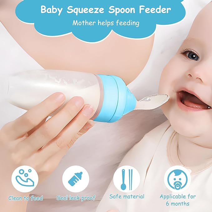 WAJIAYON Baby Food Feeder 4 Pack Silicone Baby Food Dispensing Spoon-3 oz Squeeze Feeding Spoons with Suction Cup for Boys Girl Kids Toddlers - Self Feeding Bottle Spoon-Sky Blue