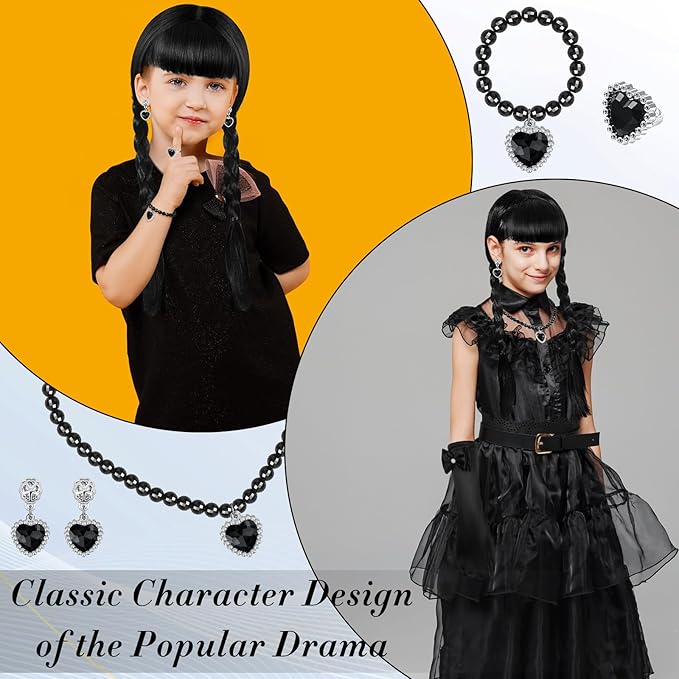 Black Wig Girls Costume, Halloween Costumes for Kids Girls, Black Outfit Costume Accessories Set for Kids(Classic)