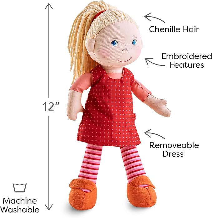 HABA 12" Soft Baby Doll Annelie with Blonde Hair, Embroidered Face, Removable Red Dress and Matching Hairband - Washable Toddler Doll for 18 Months+