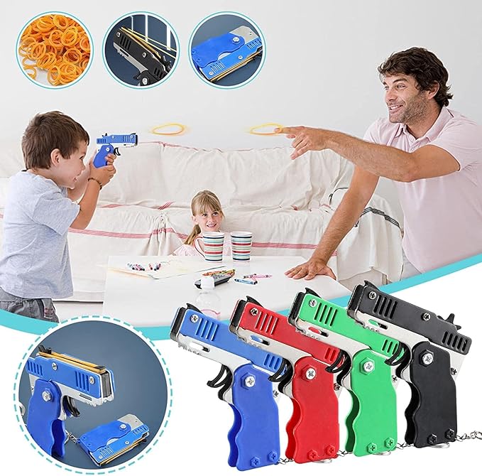 Kids Toys Cool Keychain Rubber Band Mini Metal Folding Rubber Launcher Toy with 60 Elastic Rubber Bands for Game Outdoor Activities (Blue)