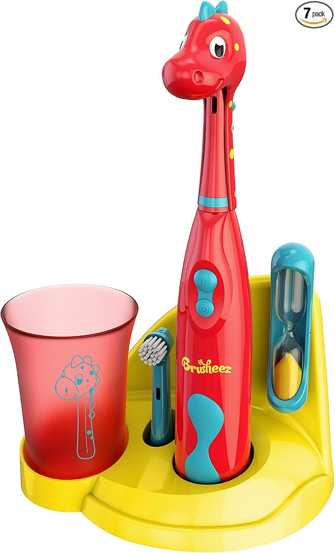 Brusheez Kids’ Electric Toothbrush Set - Safe & Effective for Ages 3+ - Parent Tested & Approved with Gentle Bristles, 2 Brush Heads, Rinse Cup, 2-Minute Timer, & Storage Base (Pepper The Dino)