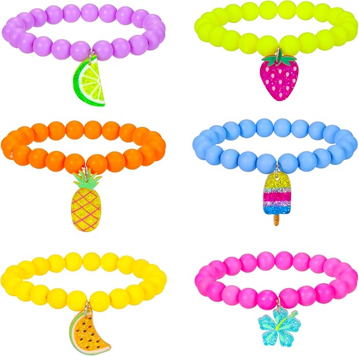 PinkSheep Unicorn Beads Pendant Bracelet for Kid Girl, 6PC, Rainbow Monster Sun Flower Heart Meteor Charm Friendship Bracelet Good Friend Gift