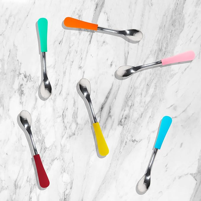 Avanchy Infant Baby Spoons Stainless Steel and Silicone Set, Self Feeding Food Utensils, 4 Months Baby Led Weaning, 2 Pack, Orange