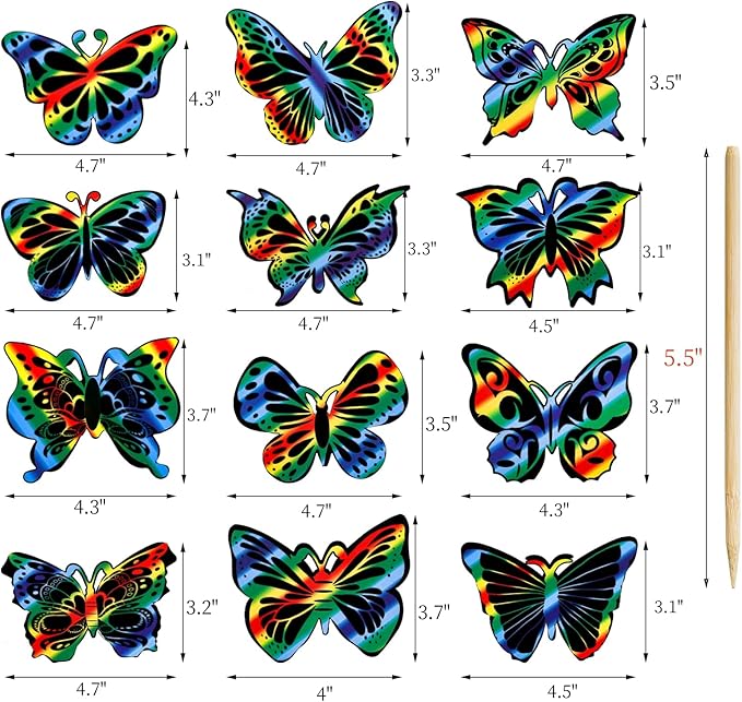 Mezchi 120 Pcs Butterfly Scratch Art for Kids, Rainbow Scratch Paper with 12 Wooden Stylus, Black Scratch Off Paper for Kids, Butterfly Crafts for Kids DIY Crafts, Scratch Art Party Favors,12 Styles