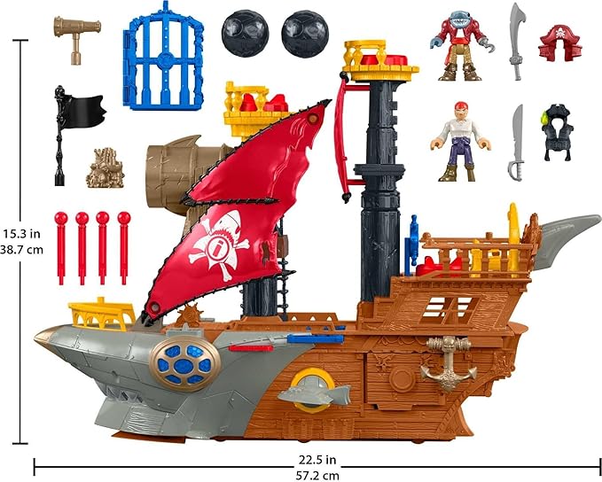 Fisher-Price Imaginext Preschool Toy Shark Bite Pirate Ship Playset with Figure & Accessories for Pretend Play Ages 3+ Years