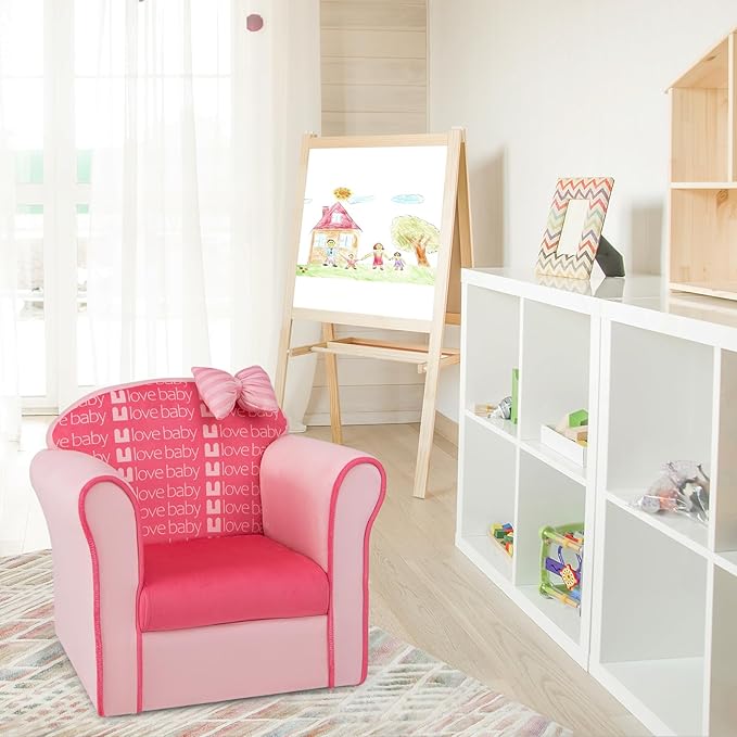 Costzon Kids Pink Couch, Children's Sofa Upholstered Armchair with Velvet Surface & High-Density Sponge, Lightweight Preschool Toddler Chair for Boys Girls Aged 1-3, Bedroom Playroom Gift Presents