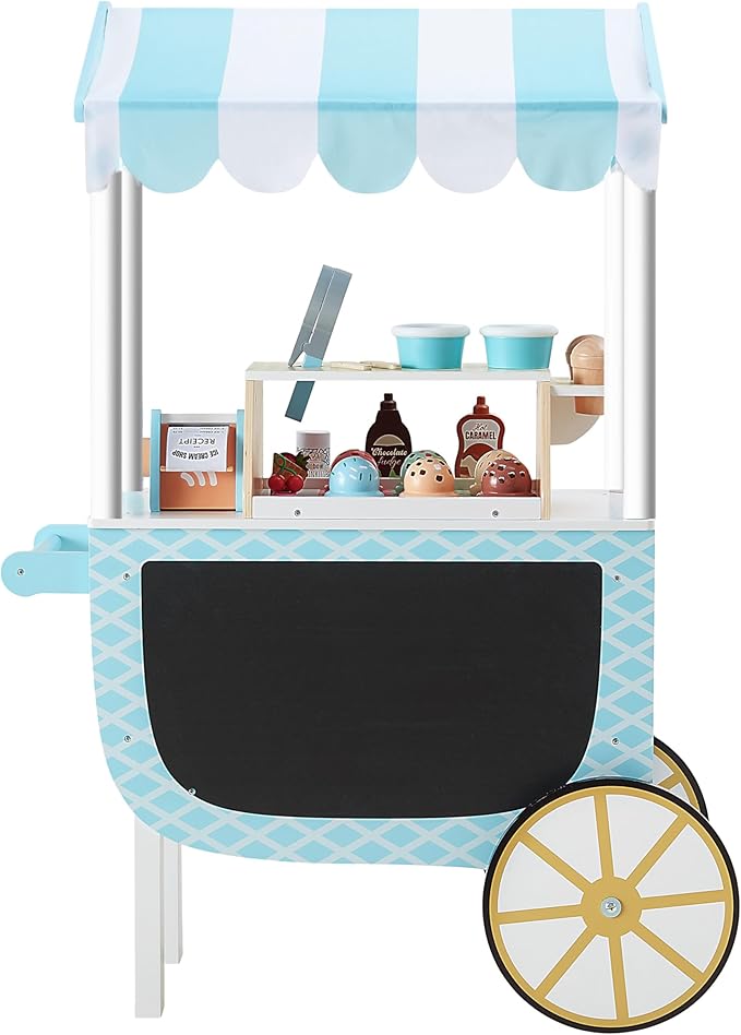Teamson Kids My Little Helper Ice Cream Cart with Pretend Money, Colorful Magnetic Ice Cream Scoops and Chalkboard Panel, Blue/White
