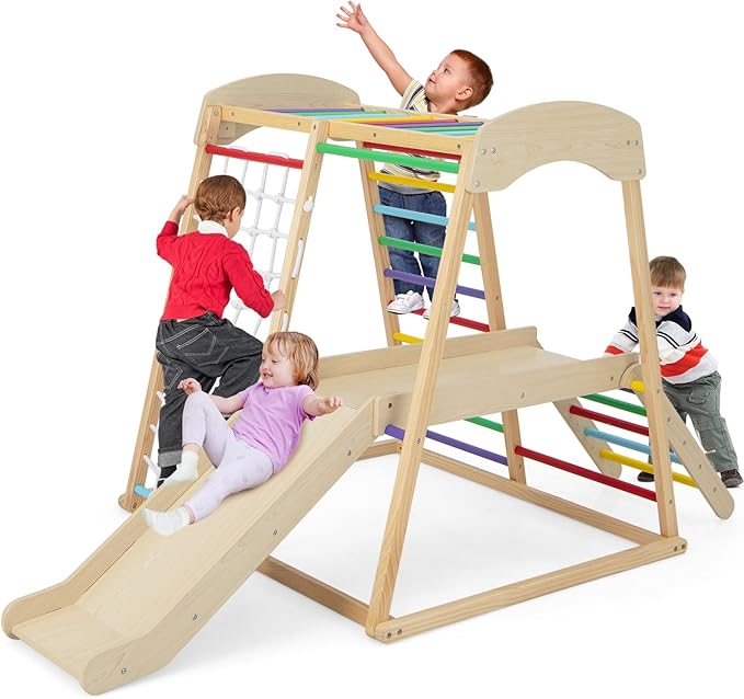 Costzon Indoor Jungle Gym, 6-in-1 Montessori Climbing Toys for Toddlers with Slide, Climbing Net, Monkey Bars, Wooden Playground Climber Playset for Kids Gifts Presents