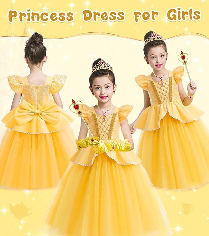 Princess Dress Up Clothes for Little Girls, Belle Costume Dress with Accessories for Birthday Party Cosplay Halloween