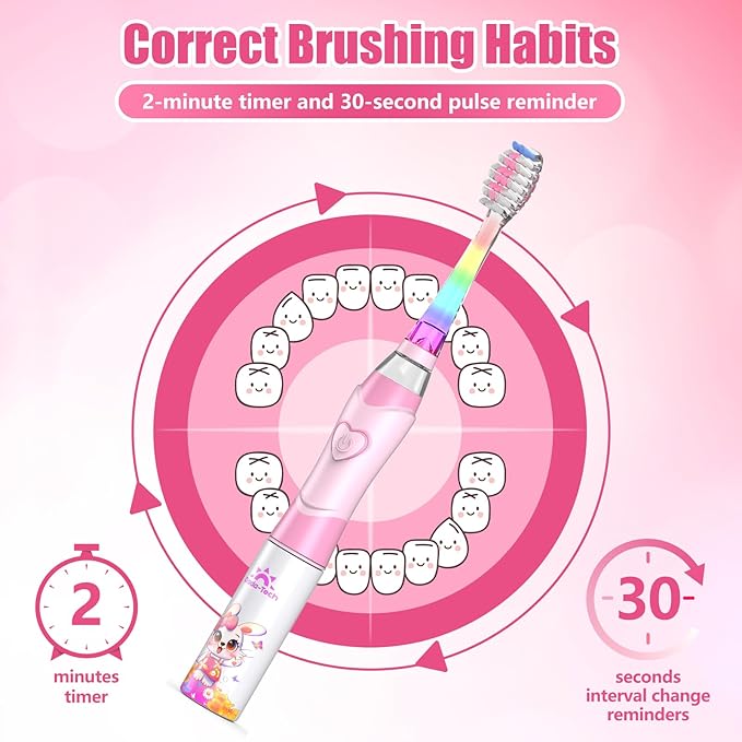 Kids Electric Toothbrush Toddler Toothbrush Age 2-4-8-12 Girls Electric Toothbrush with Timer Rainbow LED Light Up Vibrating Toothbrush Battery Operated Childrens Sonic Tooth Brush (Rabbit Pink)