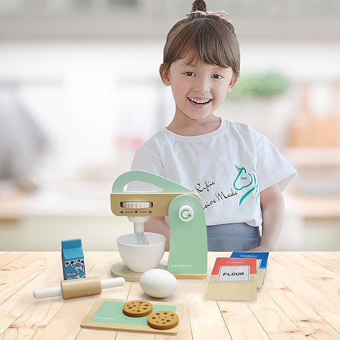 Teamson Kids Little Chef Frankfurt 10 Piece Wooden Cookie Baking Play Kitchen Mixer Accessory Set with Pretend Food and Ingredients, Green