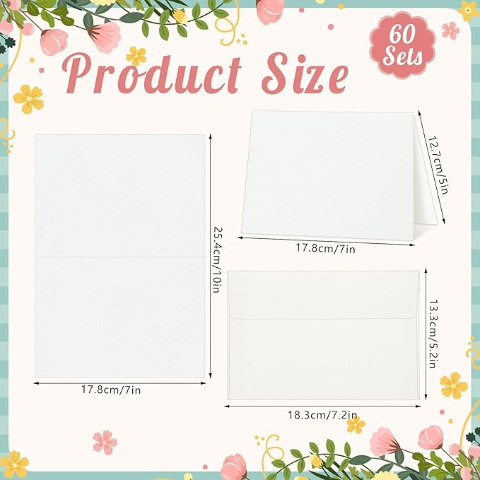 60 Sets Watercolor Cards with Envelopes, 140 lb/300 GSM Watercolor Paper Cards, 5x7 Inch Foldable Blank Watercolor Postcards and Envelopes for Greeting Cards, Wedding Invitations, Thank You Cards