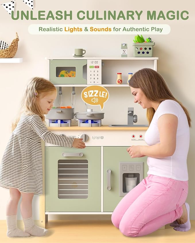 Babytronic Kids Play Kitchen, Wooden Kitchen Playset for Kids Ages 3+ with Real Lights, Sounds, Stove, Sink, Oven, and 30 Pcs Accessories, Toys Kitchen Small Pretend Play Kitchen for Toddlers (Green)