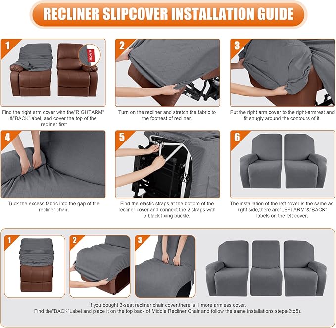 VANSOFY Recliner Cover, 3-Pieces Stretch Reclining Couch Covers with Pockets Reclining Sofa Slipcovers 3 Seater Soft Washable Furniture Protector for Dogs Cats(Dark Gray)