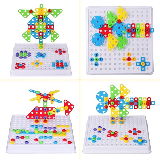 SUPSTEM Creative Toys for Kids 4-8, Mosaic Drill Set with Screwdriver Tool Playset, Electric Drill Toy with Rainbow Fasteners, Premium STEM Building Set for Ages 3+