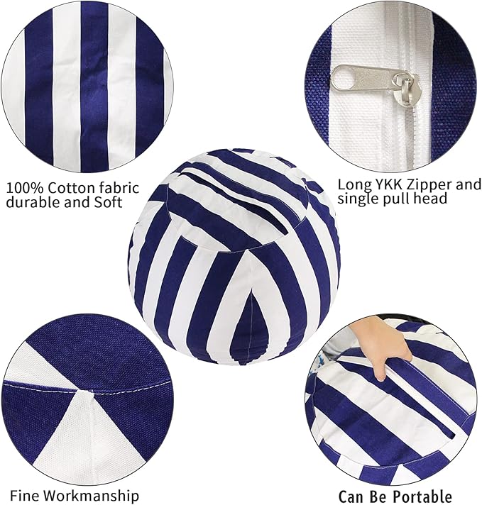 Miaowater 2 PCS Stuffed Animal Storage Bean Bag Chair Cover, Cotton Canvas Beanbag with Zipper for Organizing Kid's and Adults Room Vertical Stripe Blue 24"