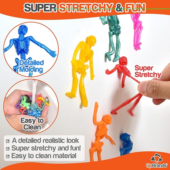 UpBrands 48 Stretchy Toys, Party Favors for Kids Halloween Skeletons, 12 Colors Bulk Set, Kit for Easter Egg Basket Stuffers, Goodie Bags, Pinata Filler, Small Toys Classroom Prizes