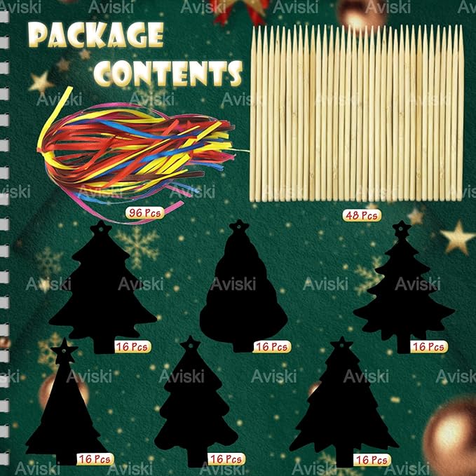 96Pcs Christmas Tree Scratch Paper Rainbow Color Scratch Ornaments Christmas Decorations Hanging Craft Art Kits with Wooden Stick and Ribbon for Kids Christmas Winter Party Favors