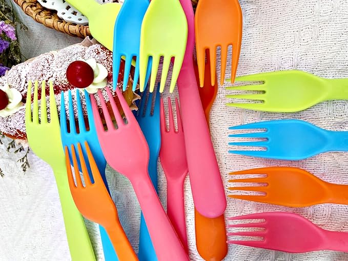 Jawbush 16Pcs Plastic Kids Forks, Reusable Toddler Utensils with Bright Colors, Durable Silversware Set for Lunch Box Camping or Travel, Easy Grips Both for Kids or Adults, BPA Free Dishwasher Safe