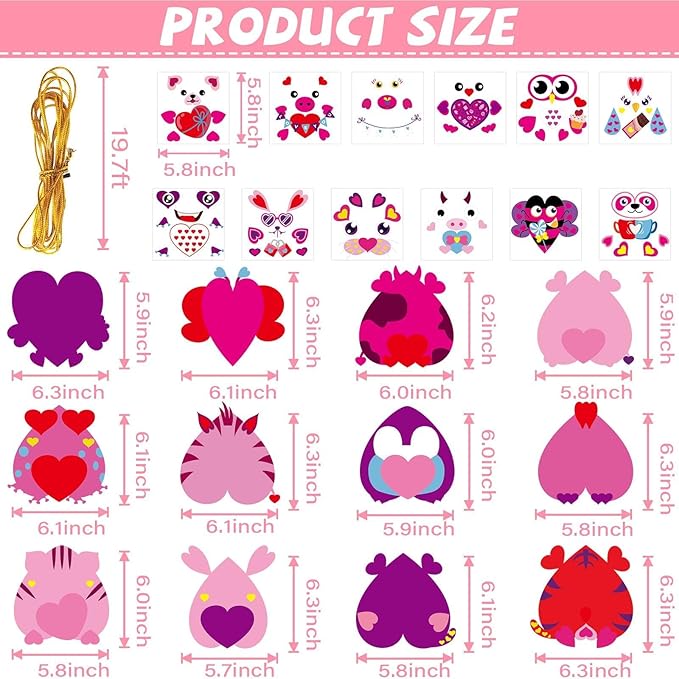 Qyeahkj 36 Sets Valentine's Day Animal Crafts for Kids DIY Valentines Craft Paper Kits Make Your Own Heart Owl Tiger Rabbit Bee Frog Bear Set for Valentine Spring Party Activity Game Toys