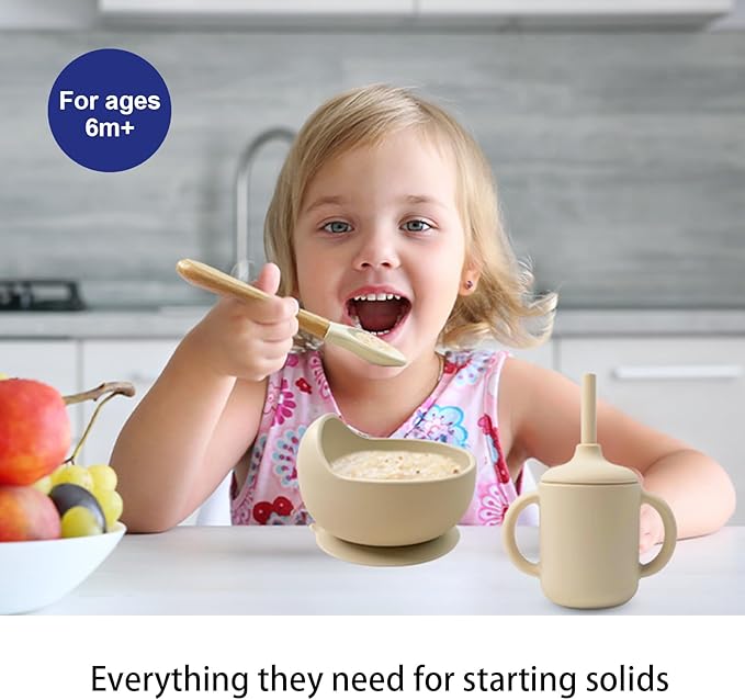 Silicone Baby Feeding Set 14 Pcs,Baby Led Weaning Supplies, Baby Spoons Suction Bowl Divided Plate Bib Cup Finger Brush,First Stage Solid Food Eating Utensils - 6+ Months(Beige)