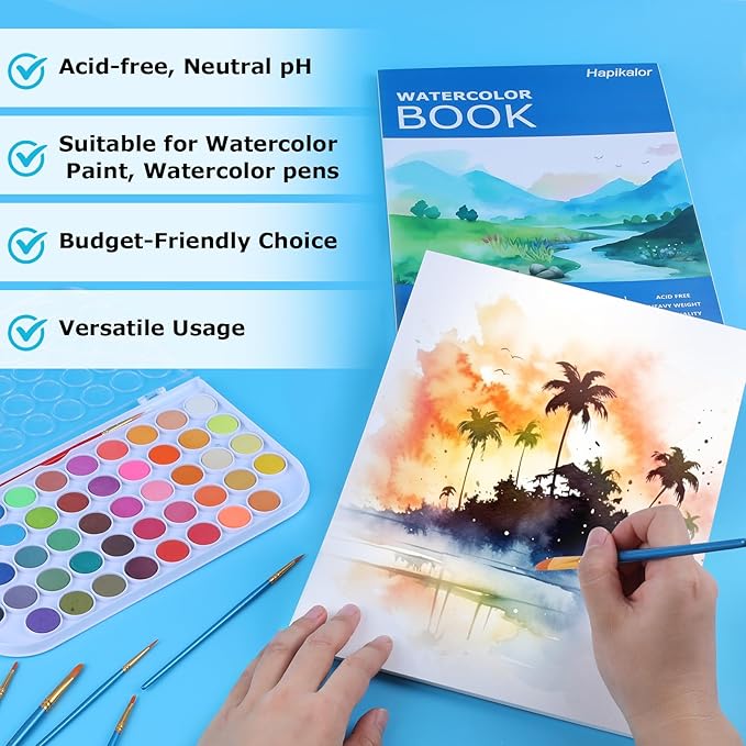 Hapikalor School Supplies for Teens, 4-Pack 9"x12" Watercolor Paper Pad, 140lb/300gsm, Premium Water Color Pad for Paint, Watercolor Pencils, Watercolor Pens, Charcoal, Oil Pastels and Acrylic, Blue