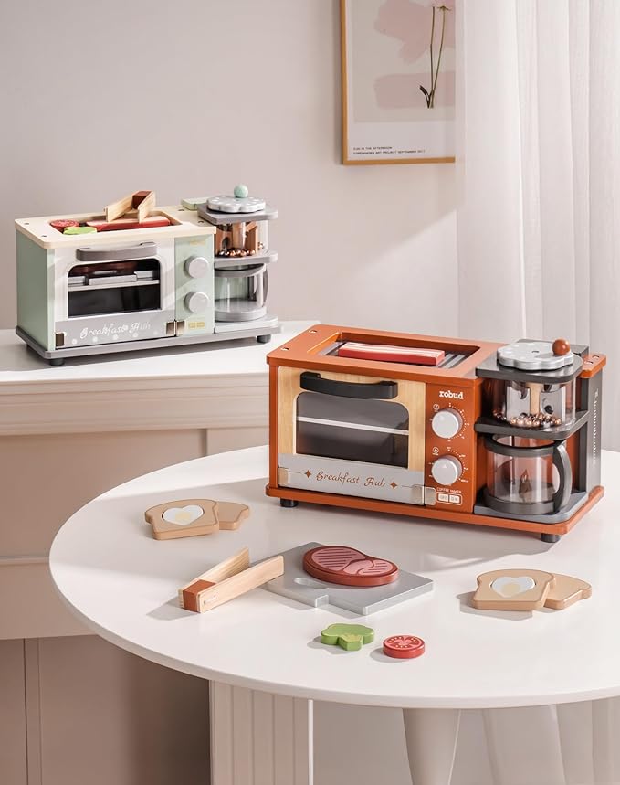 ROBUD Toddler Kitchen Playset - Wooden Breakfast Set with Coffee Maker, Toaster, Griddle, Play Food - Realistic Pretend Play Kitchen Appliance and Accessories for Kids Ages 3+ Boys and Girls (Caramel)