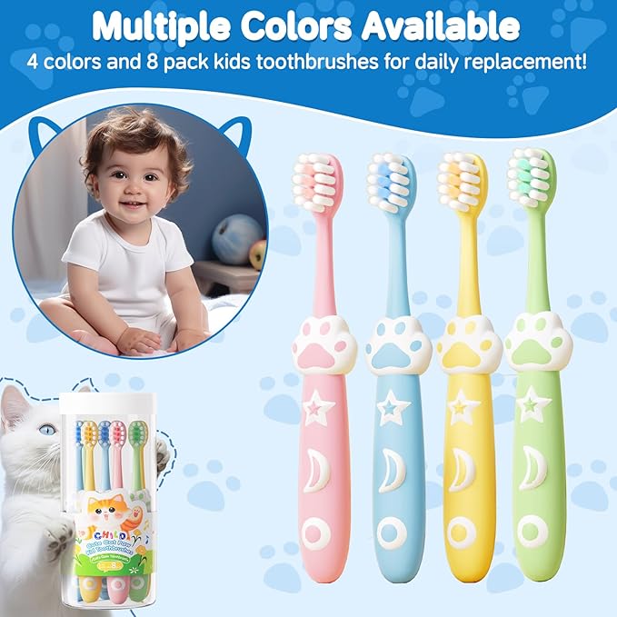 Kids Toothbrush 8 Pack Toddler Toothbrush for 2-10 Yeas Old Soft Children Manual Toothbrush for Clean Teeth Cute Cat Shaped Make Your Baby Love Brushing Teeth Multicolor