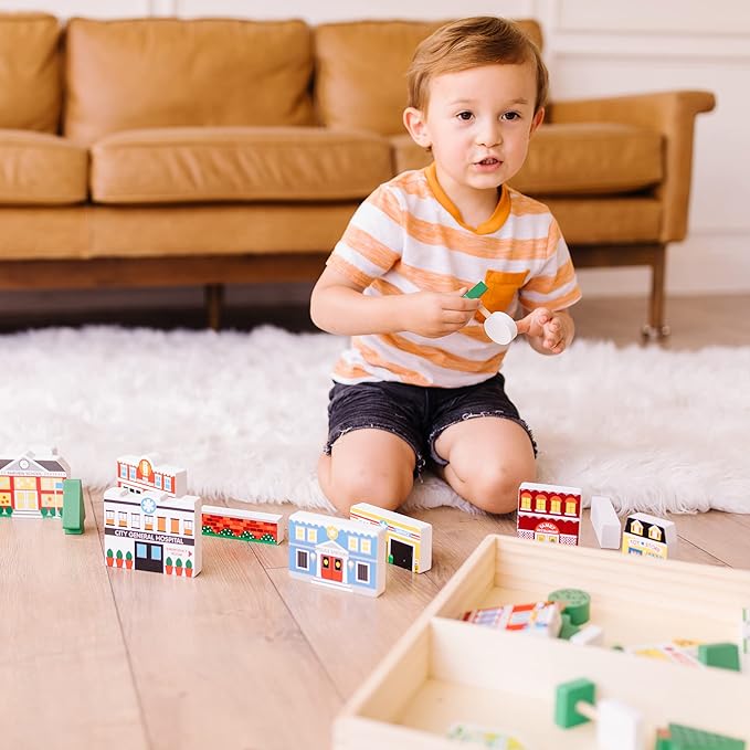 Melissa & Doug Wooden Town Play Set With Storage Tray (32 pcs) Pretend Play Wooden Town Set For Kids With Storage