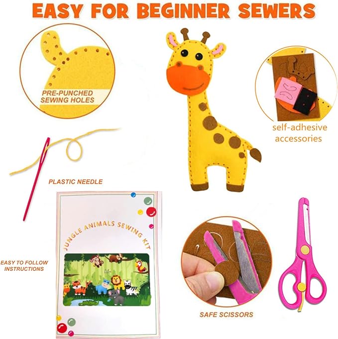 Jungle Animals Sewing Craft Kit for Kids Craft for Girls and Boys Sewing Stuffed Animal Felt Plush Ornaments for Beginners Set of 10