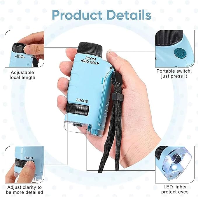 Mini Microscope for Kids,Mini Microscope 60x-120x,LED Pocket Microscope,Portable Handheld Education Science Experiment Set Toys(White)
