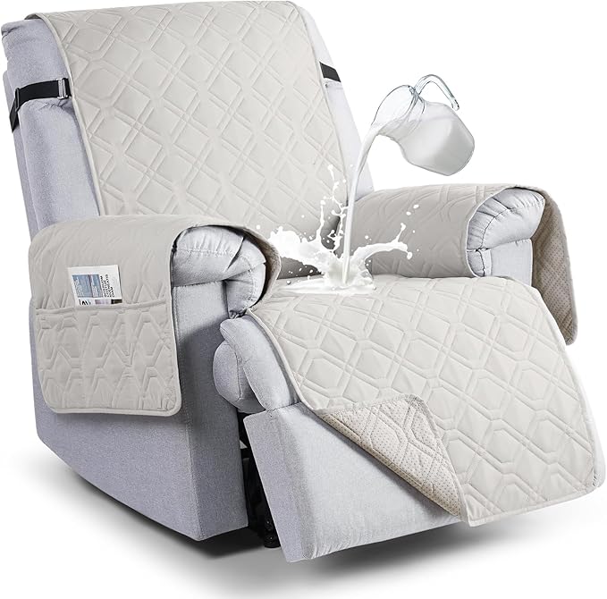 VANSOFY 100% Waterproof Recliner Chair Covers, Recliner Cover Non-Slip Dog Chair Cover Furniture Protector Washable Slipcover with Pocket, Elastic Straps for Pets, Dogs(Off White, 28")