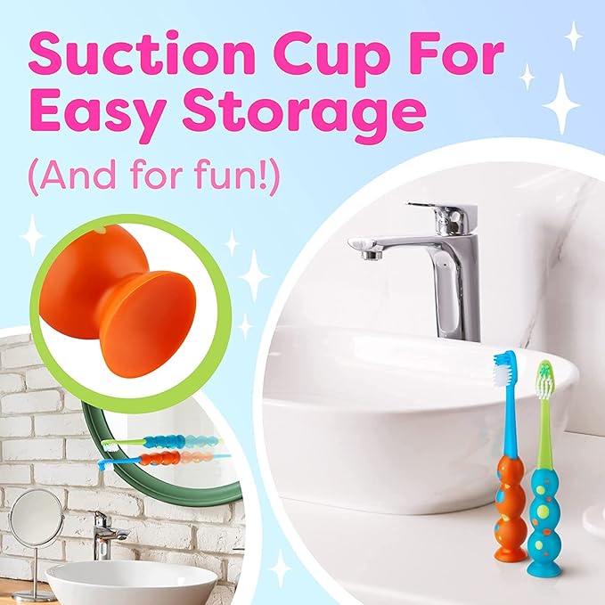 Trueocity Kids Toothbrush 6 Pack - Soft Contoured Bristles - Child Sized Brush Heads (3-10 Year Old) - Suction Cup for Fun & Easy Storage - Girl & Boy Set (6-Pack, Blue & Orange)