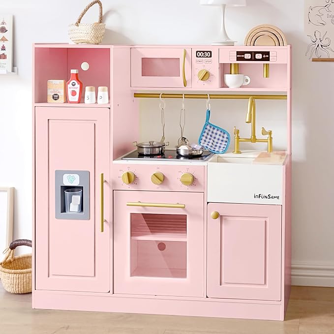 Kids Play Kitchen for Chef Pretend Kitchen Playset with Real Lights and Sounds and 14 Pcs Toy Kitchen Accessories, Wooden Toddler Pink Play Kitchen Set for Girls Ages 3+