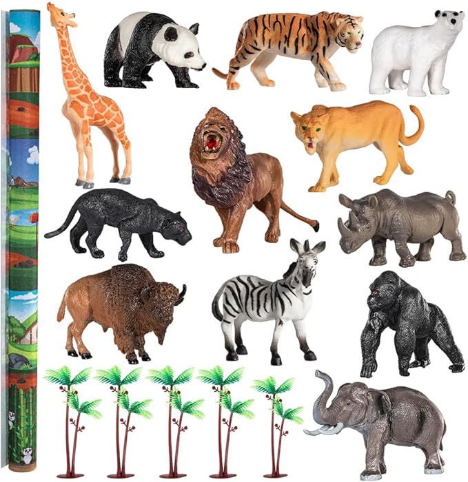 TEMI 12 Pack Zoo and Safari Animal Toys for Kids 3-5 Years, Jungle Wild Animal Figures Playset Including Lion, Tiger, Panda and A Playmat, Dinosaur Toys, Party Toys for Toddlers Boys and Girls