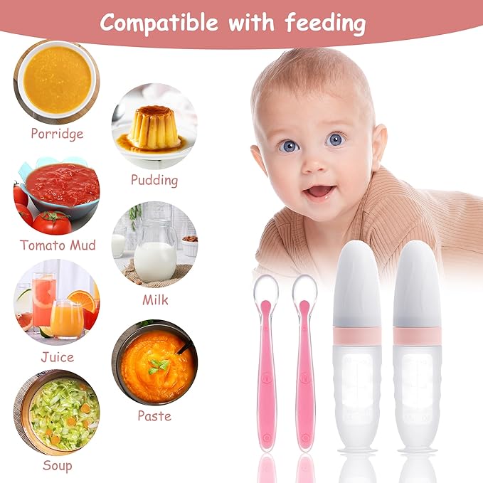 WAJIAYON Baby Food Feeder 4 Pack Silicone Baby Food Dispensing Spoon-3 oz Squeeze Feeding Spoons with Suction Cup for Boys Girl Kids Toddlers - Self Feeding Bottle Spoon-Sakura Pink