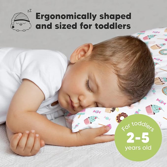 Toddler Pillow with Pillowcase - 13x18 My Little Dreamy Pillow, Organic Cotton Toddler Pillows for Sleeping, Kids Pillow, Travel Pillows, Mini Pillow, Nursery Pillow, Toddler Bed Pillow (Sweet Tooth)
