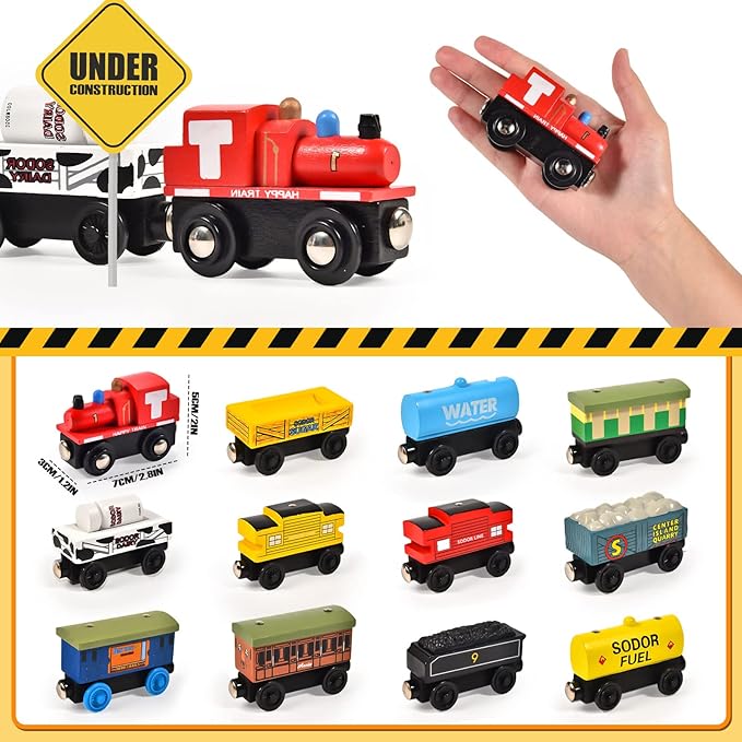 Atoylink 12Pcs Wooden Train Set Magnetic Train Toys for Toddlers Kids Engine Vehicles Toy Train Cars for Boys Girls Compatible with Train Tracks