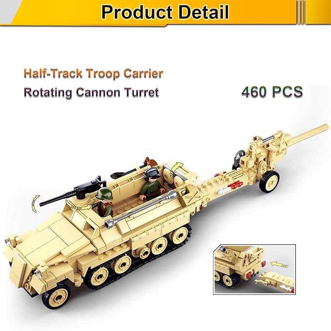Military Army WWII Half-Track Troop Carrier with Cannon Toy Vehicle Building Kit, Army Series Building Block Set with 3 Soldier Figures, Best Roleplay STEM Construction Toy for Boys Girls (460 PCS)