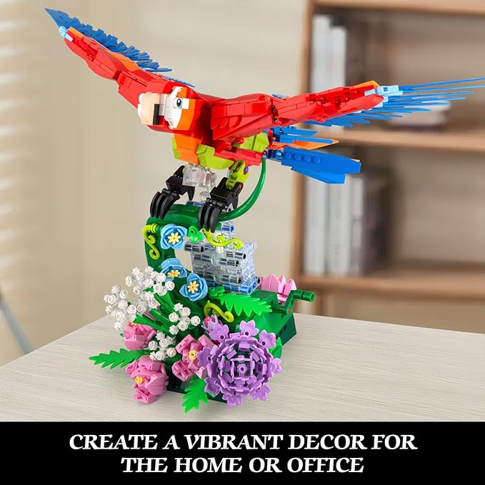 Parrot Floral Building Set, MOC Flower and Parrot Collectible Table Art Kit, Creator 2 in 1 Animals Bird Ideas Gifts Toys for Adults and Kids Age 12+ (1176 PCS)