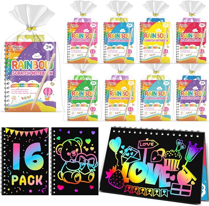 Party Favors for Kids: 16 Pack Rainbow Scratch Art Notebook Classroom School Supplies Bulk for Girls Boys Goodie Bags Stuffers, Return Gifts for Birthday Party Valentines Gift Kid Crafts