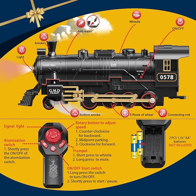 Electric Remote Control Train Set Christmas Trains Steam Locomotive, Cargo Car & Tracks, Rechargeable Train Toys for Kids w/3 Smoke,Whistle & Lights, Christmas Birthday Gift for Boys Girls 3 4 5 6 7