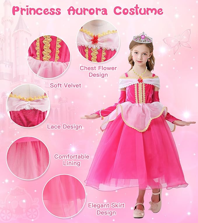 Princess Dress Up Clothes for Little Girls, Belle Costume Dress with Accessories for Birthday Party Cosplay Halloween