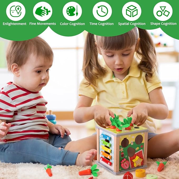 BESTAMTOY 6 in 1 Wooden Activity Cube,Montessori Baby Toys for 3 Year Old, Sorting & Stacking Board, Montessori Early Educational Toys, Boy and Girl Birthday Gift