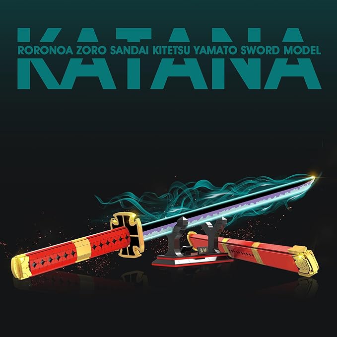 HI-REEKE Cosplay Anime Swords Building Blocks Kit 1 Piece Roronoa Zoro Sandai Kitetsu Yamato Sword Model Samurai Katana Toys for Adult -803PCS Luminous