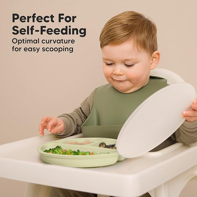 KeaBabies Suction Plates with Lids for Baby - 3-Pack 100% Silicone Suction Plates for Baby, Kids,Toddler Plates,Divided Baby Plates with Suction,Lids, BPA-Free, Microwave, Dishwasher Safe (Forest)