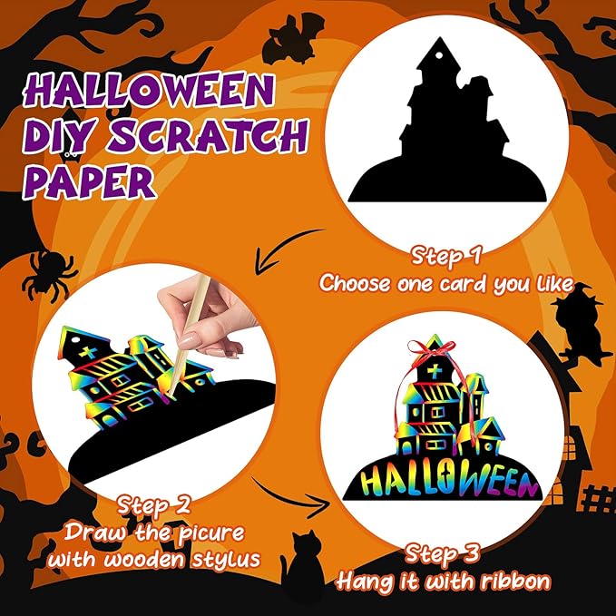YEGEER 96PCS Halloween Craft Kit for Kids, Magic Scratch Off Paper Hanging Ornaments Set with 48pcs Wooden Stylus, 96pcs Cords for Halloween Games, Party Favors, Art Craft Supplies