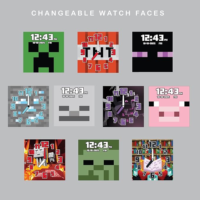 Minecraft Kids LED Smartwatch Interactive Gaming-Themed Watch 10 Changeable Faces, Step Counter, Calculator, Games, Selfie Cam, Alarm & Timer, Printed Silicone Straps – Fits Wrists 5.5"-8.0"