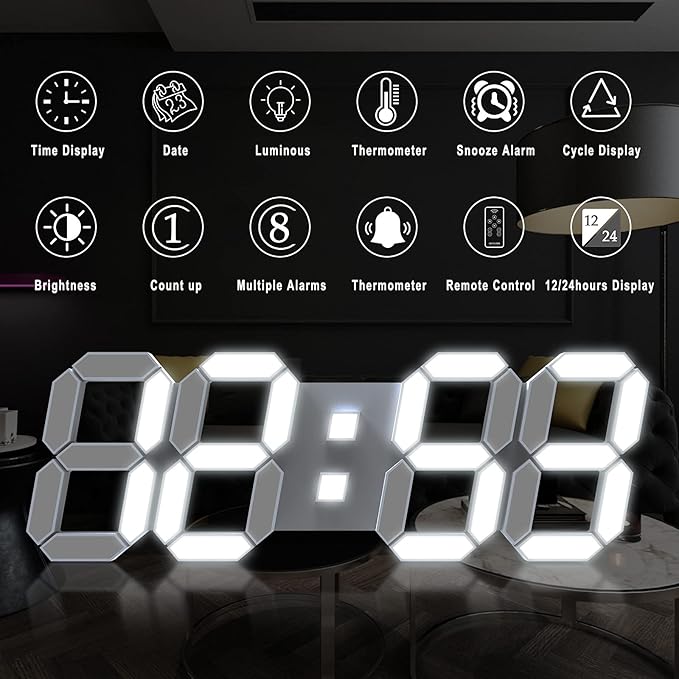 EDUP HOME 15" 3D LED Digital Wall Clock, Large Decor Wall Clock, 12/24H, Time/Date/Temperature Display, Adjust Brightness, Easy Read Time,for Office/Living Room/Meeting Room/Kitchen